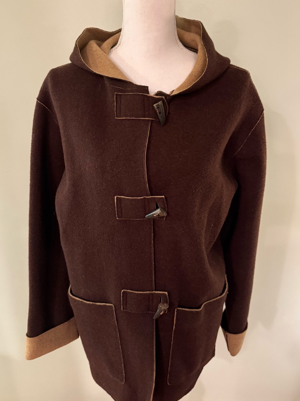 Lauren Ralph Lauren Brown Hooded Toggle Puffer Coat with Tan Trim